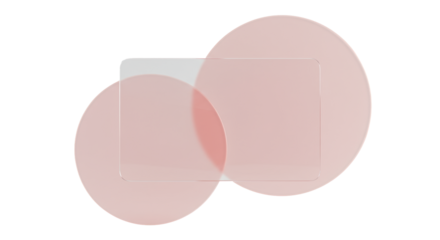 A high-quality transparent glass card with rounded edges partially overlaps two soft pink abstract circular shapes on a transparent background with copy space, soft studio lighting, minimalist modern