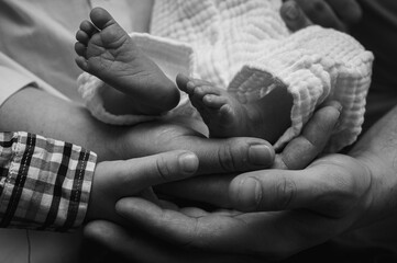 A tender black and white close-up of a newborn baby's tiny feet in loving hands. Symbolizing new...