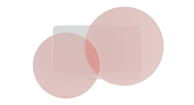 A high-quality transparent glass card with rounded edges partially overlaps two soft pink abstract circular shapes on a transparent background with copy space, soft studio lighting, minimalist modern