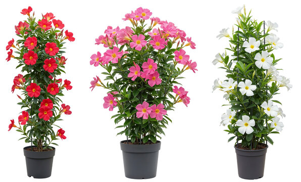 vibrant mandevilla flower collection, featuring red, pink, and white blooming plants