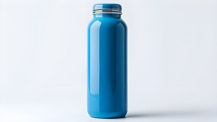 A blue reusable water bottle with a silver rim and lid sits on a white surface in a studio shot