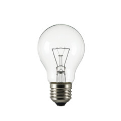 A single a-shape incandescent light bulb with clear glass, visible intricate coiled tungsten filament, metal screw base, perfectly illuminated in a bright studio on a seamless transparent background,