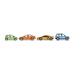 Four colorful cartoon cars parked in a row isolated on white background Art & Illustration