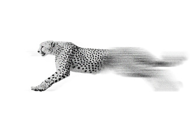 Glitch art cheetah in motion: digital distortion and scan line effect for speed concept PNG