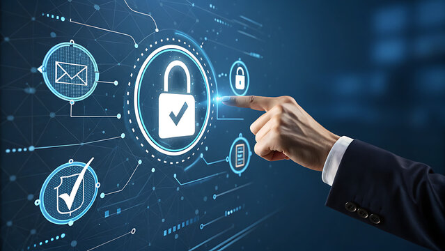 Photo of a businessmans finger touches a glowing digital interface, activating a secure padlock icon symbolizing data protection and cybersecurity in a futuristic network