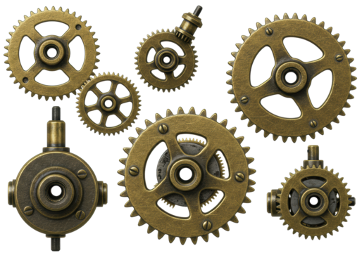 Six distinct antique steampunk-style metal gears, aged brass and copper-toned with intricate details, on a transparent isolated background with copy space, for precise mechanical engineering concept - Powered by Adobe