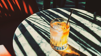 A visually appealing cocktail with ice and straw on a marble table creating a stunning light pattern. A refreshing cocktail with ice sits on a marble table in sunlight creating interesting shadows.