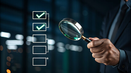 Photo of a businessman uses a magnifying glass to meticulously examine a digital checklist, confirming completed tasks and ensuring accuracy in a business process
