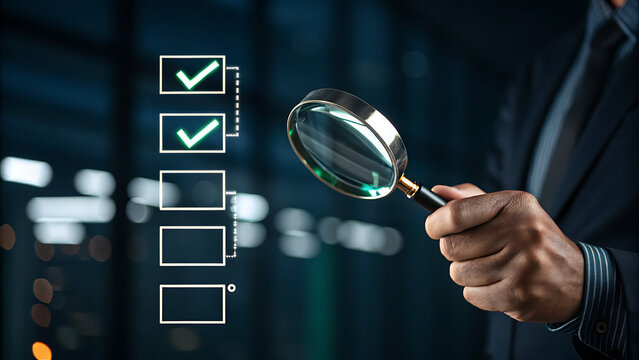 Photo of a businessman uses a magnifying glass to meticulously examine a digital checklist, confirming completed tasks and ensuring accuracy in a business process