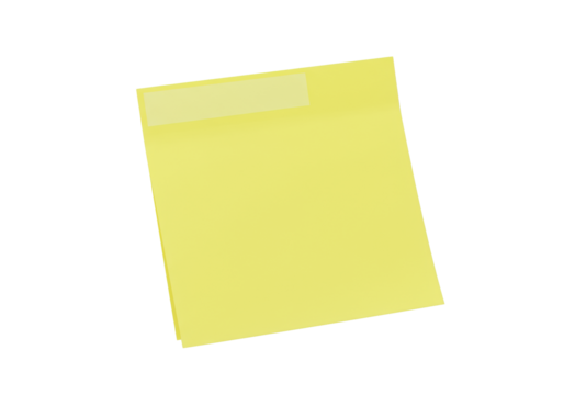 Vibrant yellow, blank, square sticky note with lighter adhesive strip, subtle curled corner, clean white background with copy space, soft shadow, professional studio setup. Concept of office supply