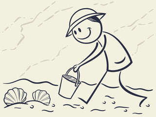 Fototapeta premium Vector illustration of a joyful boy collecting seashells at the beach, representing exploration and summer fun