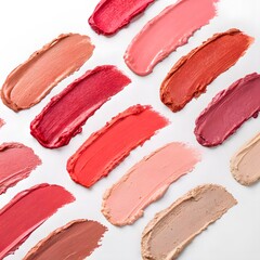 Lipstick swatches in various shades of pink, red, and nude on a white surface. Explore a wide range of lip color options.