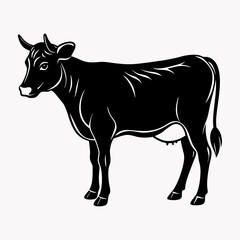 Сow silhouette logo. Black icon cow isolated on white background. Vector illustration side view.
