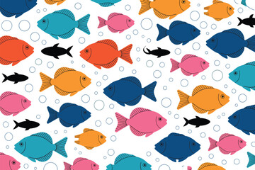 A colorful pattern of various fish swimming amongst bubbles on a white background illustration