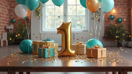 1st Celebration Balloon Scene with Gold Number, Teal Gifts and Confetti on Brick Interior Background for Birthday or Anniversary Greeting Visuals

