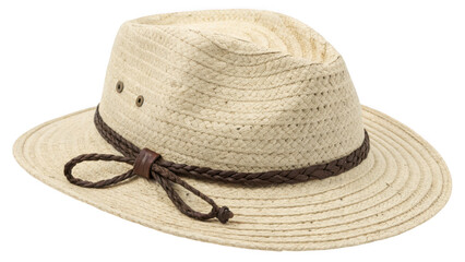 Close up of a woven straw fedora hat with a braided leather band and tie isolated on transparent background