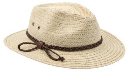 Close up of a woven straw fedora hat with a braided leather band and tie isolated on transparent background