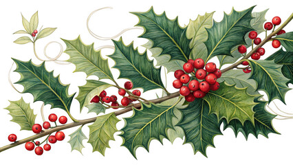 Beautifully illustrated holly sprig with red berries and green leaves isolated on transparent background