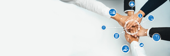 This image captures a diverse group of hands coming together in a symbol of collaboration and teamwork, surrounded by icons that represent innovation and progress in the business world. Amity