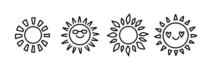 Cute doodle sun icons set with different faces and rays. Hand-drawn summer symbols with smiles, sunglasses, and heart eyes. Perfect for kids design, stickers, weather apps, and decor