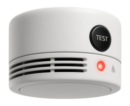 Ceiling-mount smoke detector with a test button and LED indicator for fire safety in office buildings