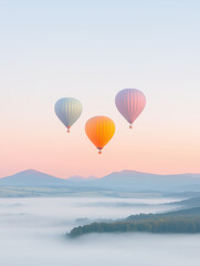 Fototapeta premium Three hot air balloons floating above a misty landscape at sunrise. Dreamy escape and freedom in pastel skies