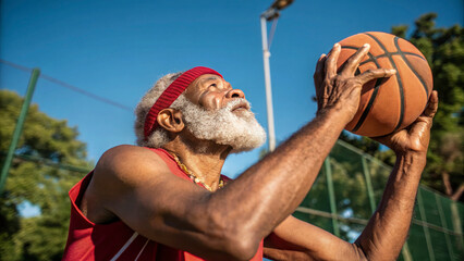 A close-up of an elderly man with a white beard and tanned, wrinkled skin playing basketball on an outdoor court. He is wearing a red sleeveless jersey and a sweatband on his forehead