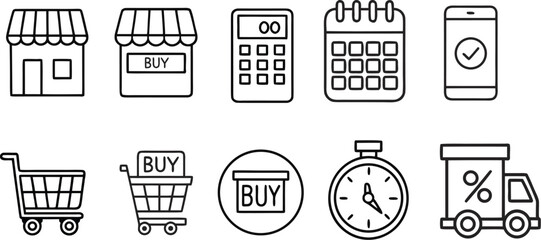 Collection of simple line art icons representing online shopping e commerce and business transactions on a white background