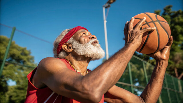 A close-up of an elderly man with a white beard and tanned, wrinkled skin playing basketball on an outdoor court. He is wearing a red sleeveless jersey and a sweatband on his forehead