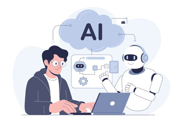 AI Collaboration Scene – Human Engineer and Intelligent Robot Developing Software with Chatbot Symbol, AI Cloud, and Digital Process Chart in Minimal Blue Vector Design

