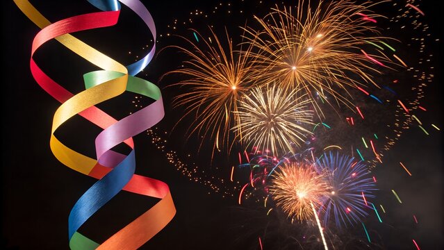 "Festive Colorful Ribbons and Fireworks &ndash; Vector Celebration Background | Adobe Illustrator Artwork"

