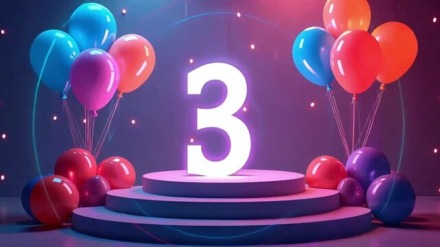 3rd Celebration Stage Scene with Illuminated Number and Floating Balloons on Dark Festive Background for Birthday or Anniversary Greeting Visuals
