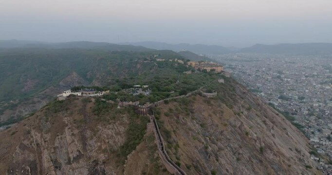 Aerial view of nahargarh fort at sunset, India.