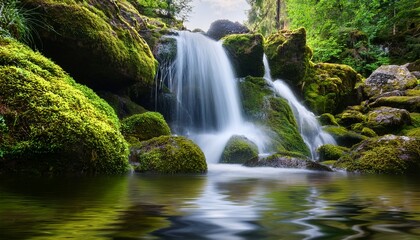 Fototapeta premium mountain waterfall among moss covered rocks
