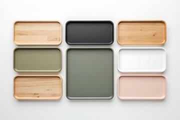 Collection of nine rectangular and square trays in wood and solid colors natural