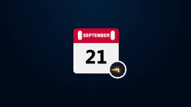 21 September Date Calendar Icon Animation ,September month 21 date calendar icon clock animation. Digital calendar month concept design.