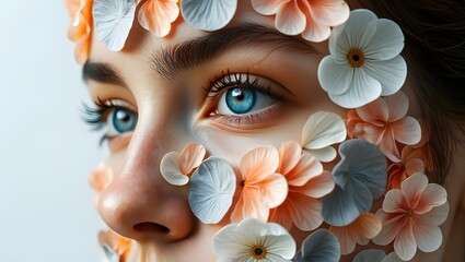 Beautiful woman with floral face art beauty concept blue eyes and flower petals art