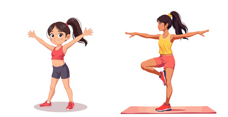 Girl in gym uniform doing stretches in colorful activewear  