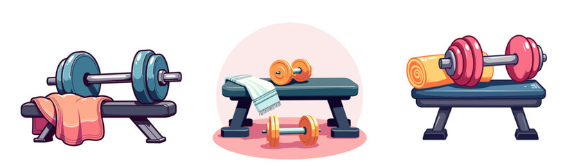 Dumbbells on bench near towel in colorful gym illustration  