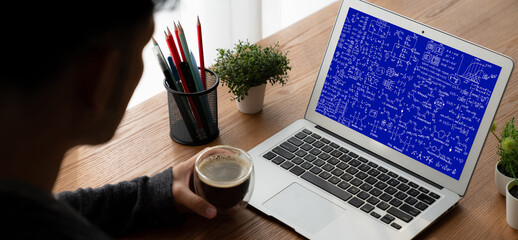 Mathematic equations and modish formula on computer screen showing concept of science and education