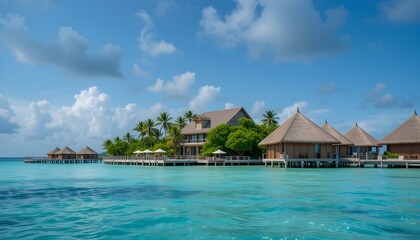 Maldives islands, Indian Ocean, upscale resort, summer vacation spot. Daylight, a hotel on the ocean, and wooden straw houses