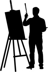 Silhouette of Artist Painting at Easel  Vector Illustration, EPS File, Creative Process, Fine Art, Painting Supplies