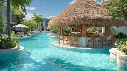 Luxurious tropical resort featuring a swim-up bar under a thatched roof surrounded by turquoise swimming pools and lush vegetation.