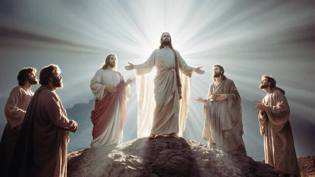 An ethereal and luminous depiction of the Transfiguration. Jesus is floating slightly above the ground on a mountaintop, radiating an overwhelmingly brilliant white light. 