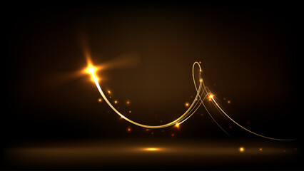 Festive gold light line. With fine particles of stardust, a golden ribbon winds around a dark background with a fine sprinkling of stars. curved light line, rope, ribbon.