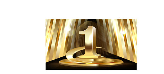 1th Anniversary celebration. Gold numbers with glitter gold confetti, serpentine. Festive background. Decoration for party event. One year jubilee celebration. Vector illustration.