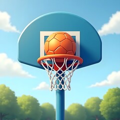 basketball, hoop, basket, sport, net, ball, sky, game, backboard, play, blue, competition, goal, court, team, score, outdoor, sports, outdoors, ring, rim, board, orange, high, shot