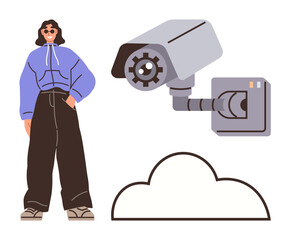 Woman in casual attire standing next to surveillance camera and a cloud shape, symbolizing observation, technology, and data storage. Ideal for privacy, cybersecurity, connectivity, fashion