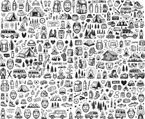 Fototapeta premium Camping, hiking doodle set collection bundle icon. Hand-drawn forest adventure elements, including tents, backpacks, campfires, mountains, knives, etc. Vector illustration, Black and white silhouette.
