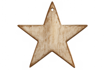 Wooden star ornament suspended against transparent background, ideal for holiday decor or handmade crafting